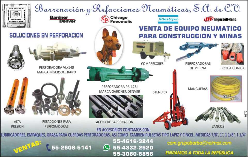 Venta y Reparacion de Equipo para Construccion, Minas y Neumatico. Numa Martillos de fondo y Brocas. Perforadoras, Zancos, Stenuick, Mangueras.