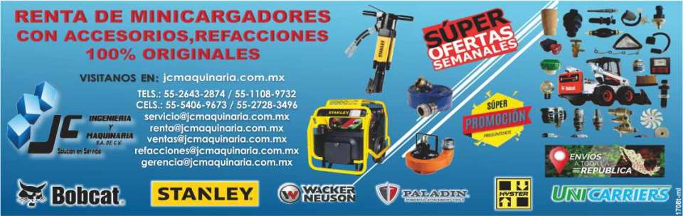 Renta de Minicargadores con Accesorios Servicio, Reparacion y Venta. Refacciones Originales. Bobcat, Unicarriers Forklift, Stanley, Paladin, Hyster, Wacker Neuson. Envios a toda la Republica.