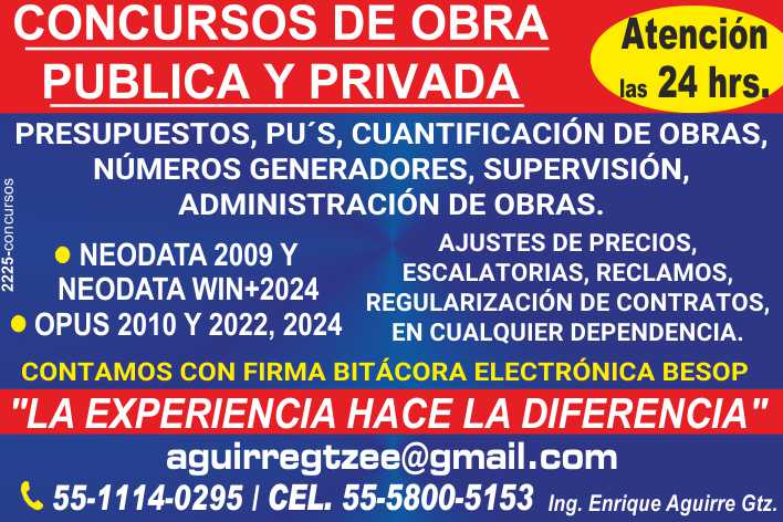 Concursos de Obra Publica y Privada, Presupuestos, Cuantificacion de Obras, Numeros Generadores, Supervision y Administracion de Obra, Ajustes de Precios, Escalatorias, Regularizacion de Contratos.