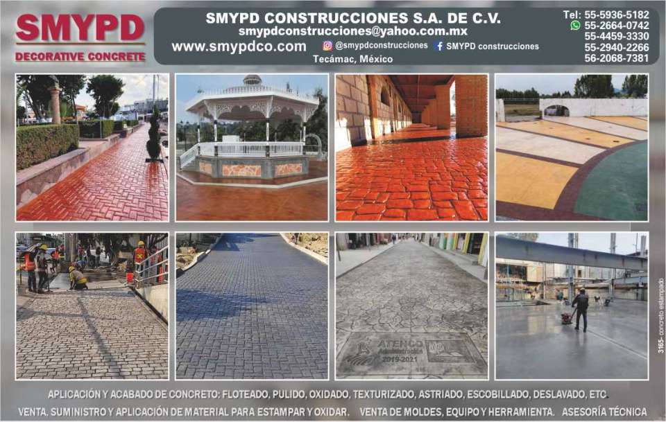 Aplicacion y acabado de concreto: floteado, pulido, oxidado, texturizado, astriado, escobillado, deslavado, etc. Venta, suministro y aplicacion de material para estampar y oxidar.