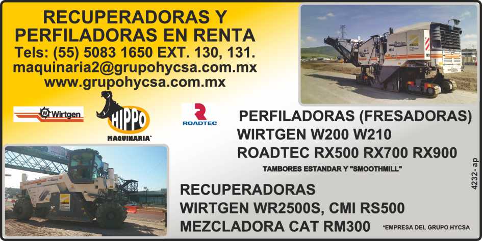 Renta. Perfiladoras Marca Wirtgen W200 y W210. Roadtec RX500, RX700, RX900. Recuperadoras Wirtgen WR2500S, CMI RS500, Mezcladora CAT RM300. HIPPO Maquinaria.