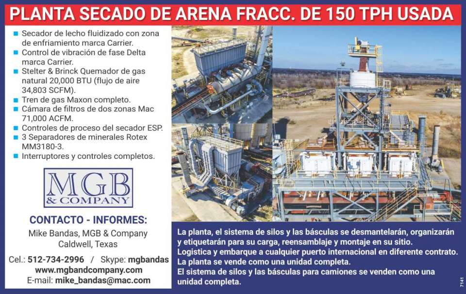 Planta Secado de Arena frac. de 150 tph usada. Silos de arena frac. de 1,000 ton. y basculas usadas para camiones.