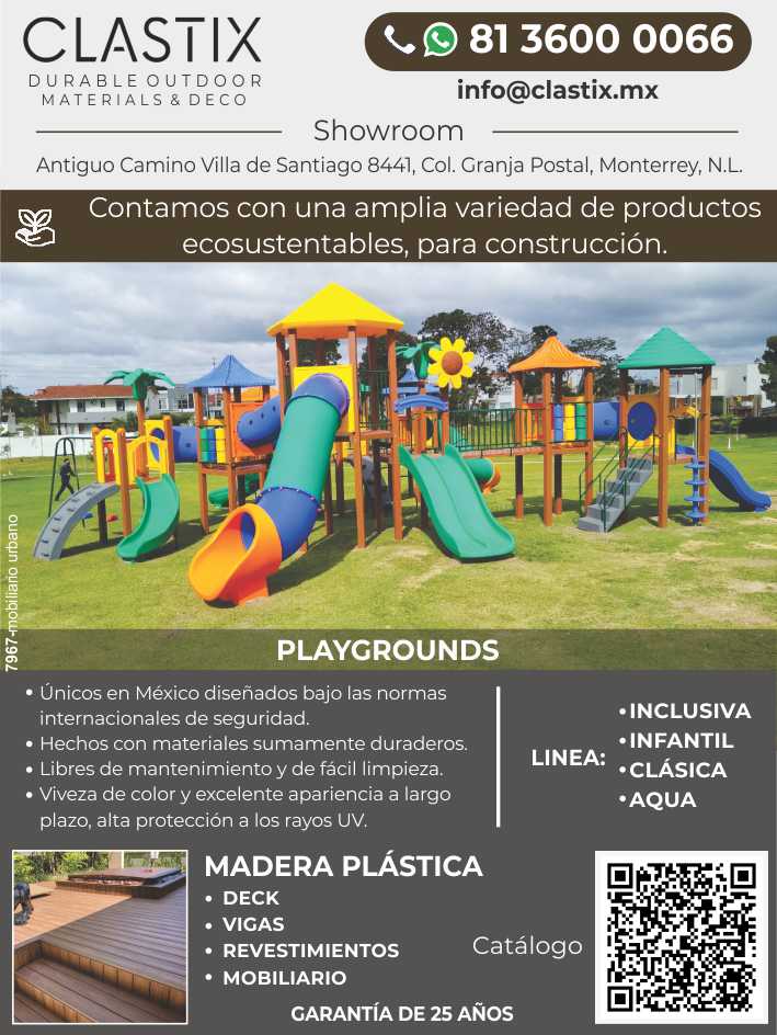 Madera sin Madera, Materiales sustentables, Garantia de 25 años. Deck, Vigas, Revestimientos, Mobiliario. Playgrounds. Linea Inclusiva, Infantil, Clasica, Aqua; Normas Internacionales de Seguridad.