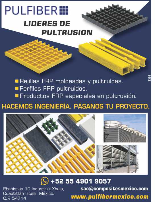 Pulfiber: Lideres de Pultrusion. *Rejillas FRP moldeadas y pultruidas. *Perfiles FRP pultruidos. *Productos FRP especiales en pultrusion. Hacemos Ingenieria, Pasanos tu Proyecto.