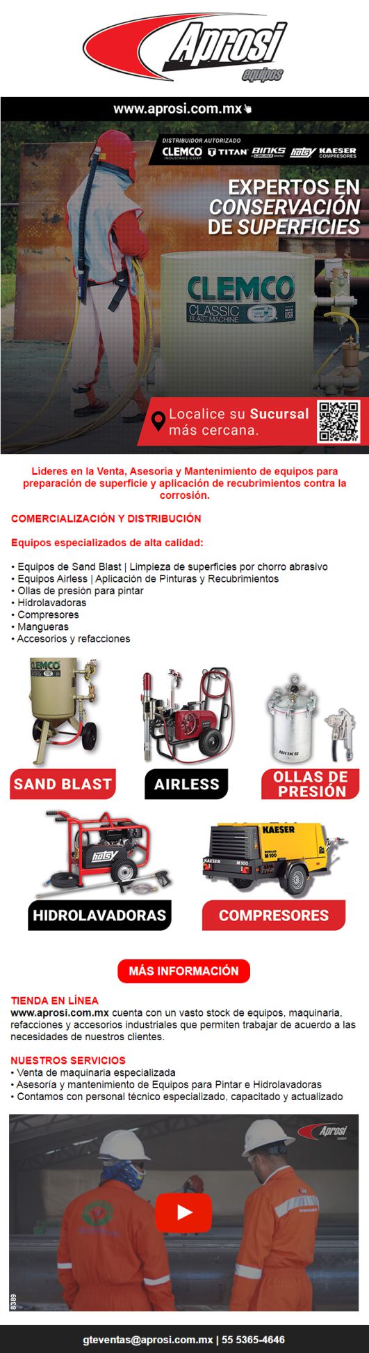 Lideres en la Venta, Asesoria y Mantenimiento de equipos para preparacion de superficie y aplicacion de recubrimientos contra la corrosion. - -Sand-Blast. -Airless -Hidrolavadoras -Compresores