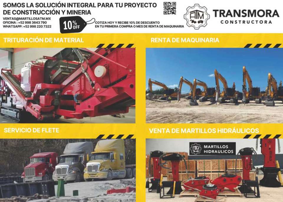 Proyectos de Construccion y Mineria. Cotiza hoy y Recibe 10% de Descuento. Trituracion de Material, Renta de Maquinaria, Martillos Hidraulicos. Servicio de Flete. ATM Transmora Constructora